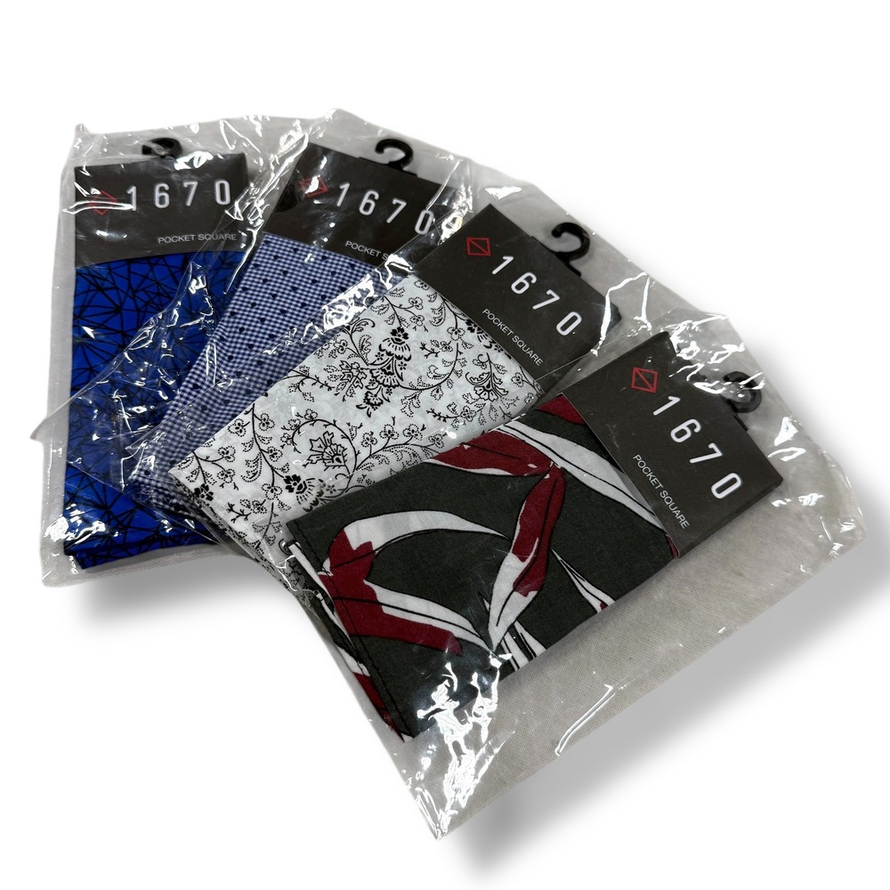 1670 Mens Pocket Square Set 4 Pc Classic Blue Gingham‎ Floral Geometric